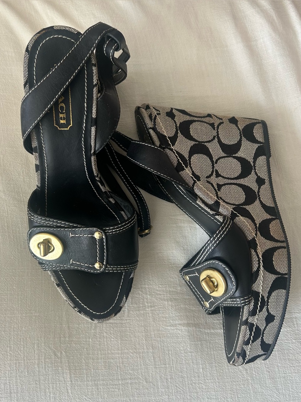 Coach Black Leather & Signature Canvas Wedge Sandals with Gold Turn-Lock